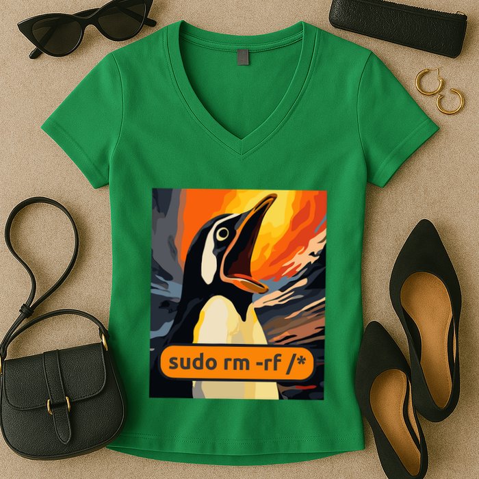 Screaming Tux Linux Sudo Rm Rf Women's V-Neck T-Shirt