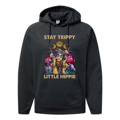 Stay Trippy Little Hippie Fungus Magic Psilocybin Mushrooms Performance Fleece Hoodie