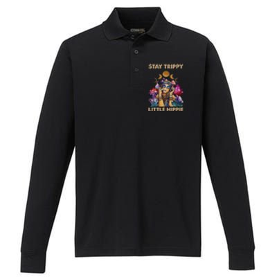 Stay Trippy Little Hippie Fungus Magic Psilocybin Mushrooms Performance Long Sleeve Polo