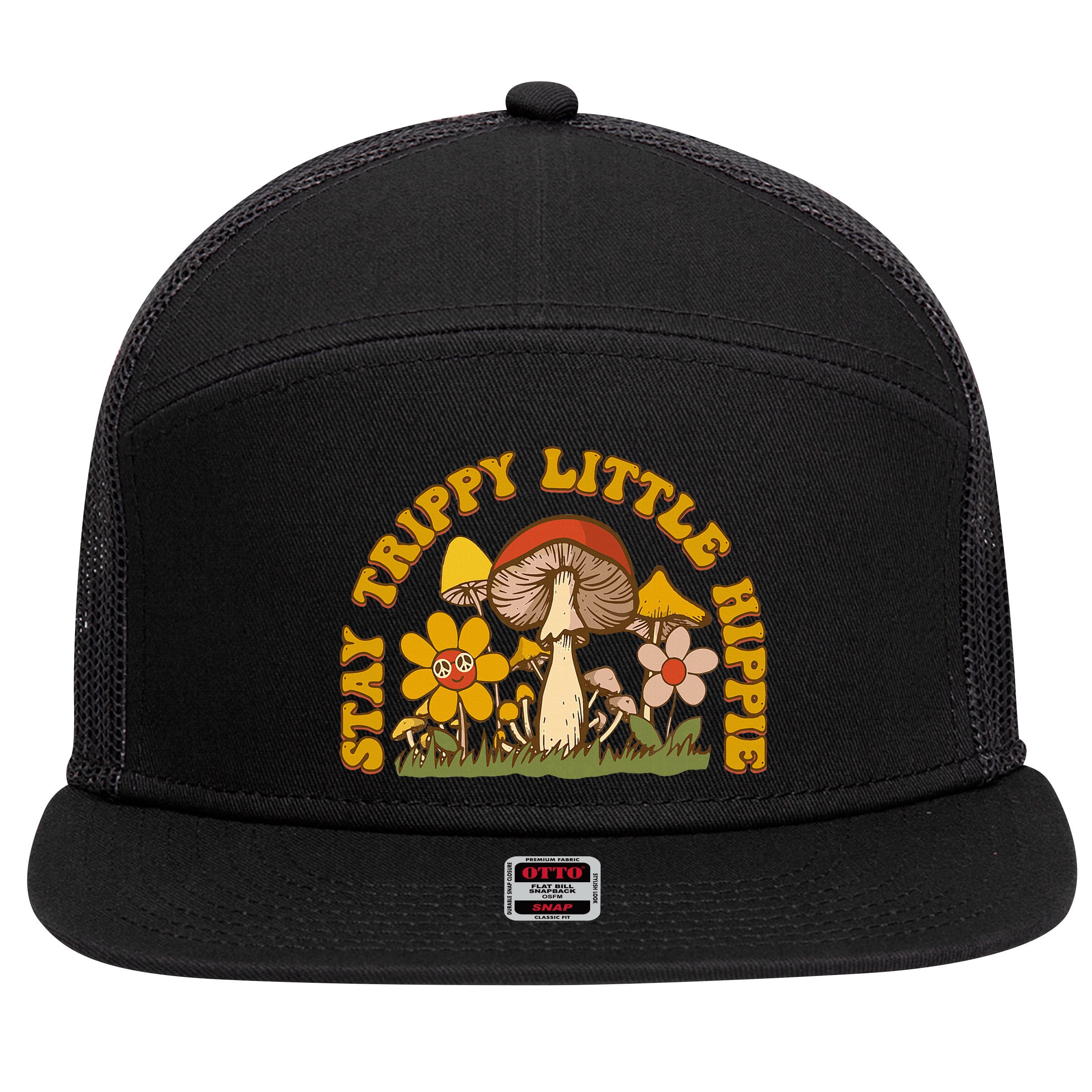 Stay Trippy Little Hippy Mushroom Flowers 7 Panel Mesh Trucker Snapback Hat