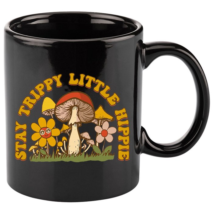 Stay Trippy Little Hippy Mushroom Flowers 11oz C Handle Ceramic Mug