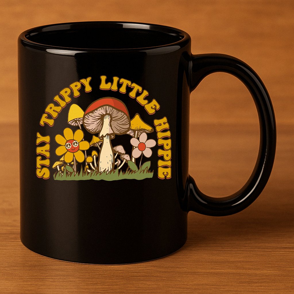 Stay Trippy Little Hippy Mushroom Flowers 11oz C Handle Ceramic Mug