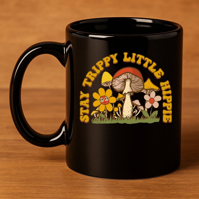 Stay Trippy Little Hippy Mushroom Flowers 11oz C Handle Ceramic Mug