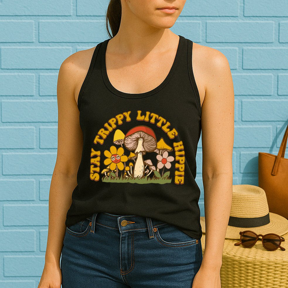 Stay Trippy Little Hippy Mushroom Flowers Womens Tank Top