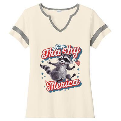 Stay Trashy ‘Merica Unhinged Funny Raccoon 4th Of July Ladies Halftime Notch Neck Tee