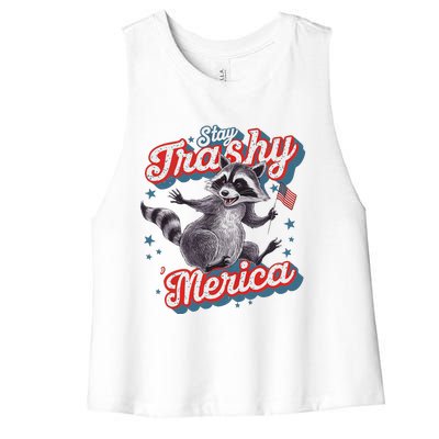 Stay Trashy ‘Merica Unhinged Funny Raccoon 4th Of July Women's Racerback Cropped Tank