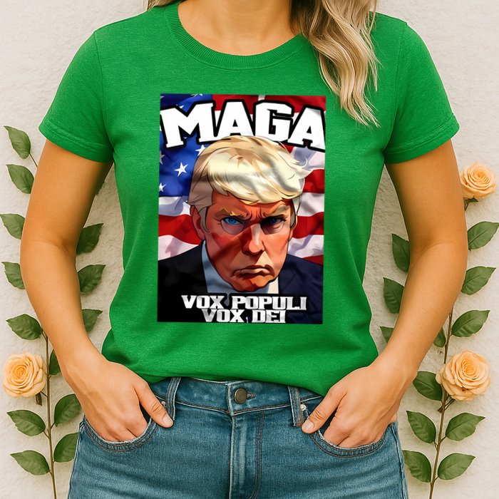 Seaofmud Trump Maga Mug Shot Vox Populi Vox Dei Womens T-Shirt