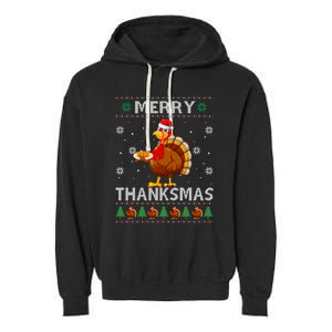 Santa Turkey Merry Thanksmas Thanksgiving Ugly Xmas Sweater Garment-Dyed Fleece Hoodie