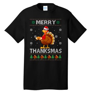 Santa Turkey Merry Thanksmas Thanksgiving Ugly Xmas Sweater Tall T-Shirt