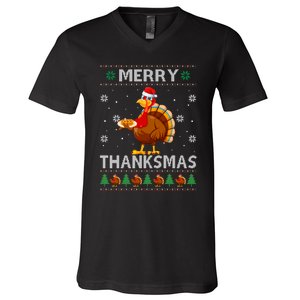 Santa Turkey Merry Thanksmas Thanksgiving Ugly Xmas Sweater V-Neck T-Shirt