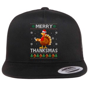 Santa Turkey Merry Thanksmas Thanksgiving Ugly Xmas Sweater Flat Bill Trucker Hat