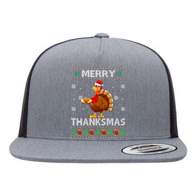 Santa Turkey Merry Thanksmas Thanksgiving Ugly Xmas Sweater Flat Bill Trucker Hat