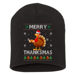 Santa Turkey Merry Thanksmas Thanksgiving Ugly Xmas Sweater Short Acrylic Beanie