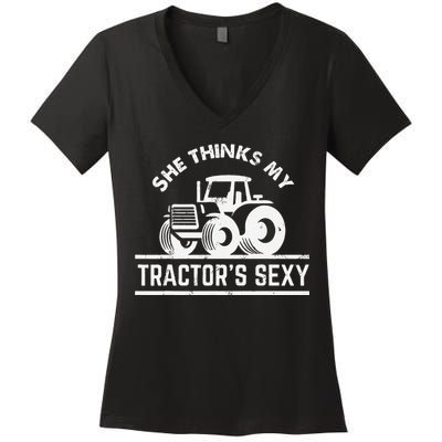 She Thinks My Tractor's Sexy Funny Farmer Women's V-Neck T-Shirt