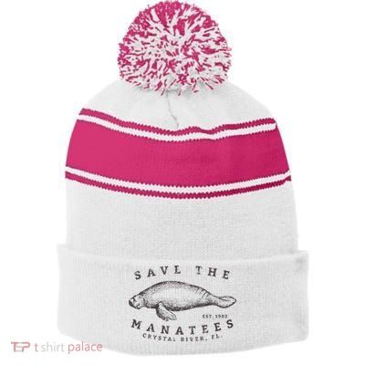 Save The Manatee Crystal River Fl Vinatage Sea Cow Stripe Pom Pom Beanie