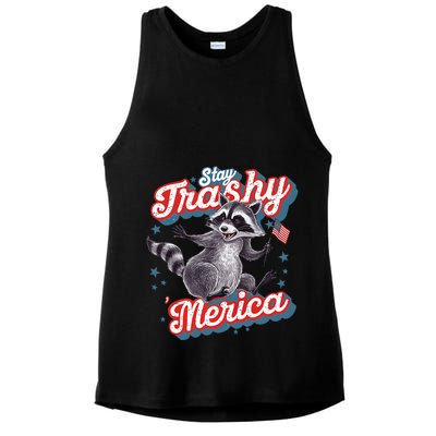 Stay Trashy ‘Merica Unhinged Funny Raccoon 4th Of July Ladies PosiCharge Tri-Blend Wicking Tank