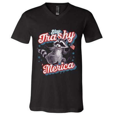 Stay Trashy ‘Merica Unhinged Funny Raccoon 4th Of July V-Neck T-Shirt