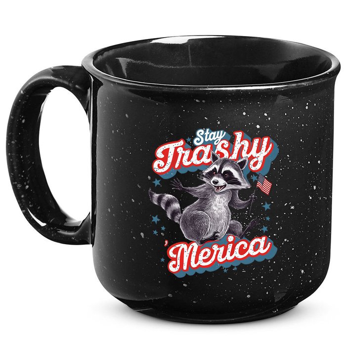 Stay Trashy ‘Merica Unhinged Funny Raccoon 4th Of July 15oz Campfire Ceramic Mug