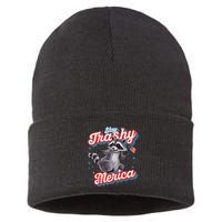 Stay Trashy ‘Merica Unhinged Funny Raccoon 4th Of July Sustainable Knit Beanie