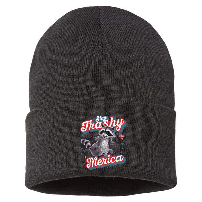 Stay Trashy ‘Merica Unhinged Funny Raccoon 4th Of July Sustainable Knit Beanie