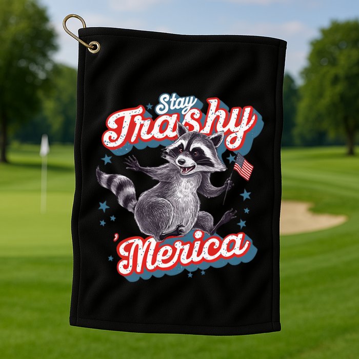 Stay Trashy ‘Merica Unhinged Funny Raccoon 4th Of July Golf Towel