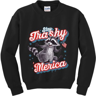 Stay Trashy ‘Merica Unhinged Funny Raccoon 4th Of July Kids Sweatshirt