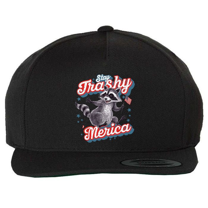 Stay Trashy ‘Merica Unhinged Funny Raccoon 4th Of July Wool Snapback Cap