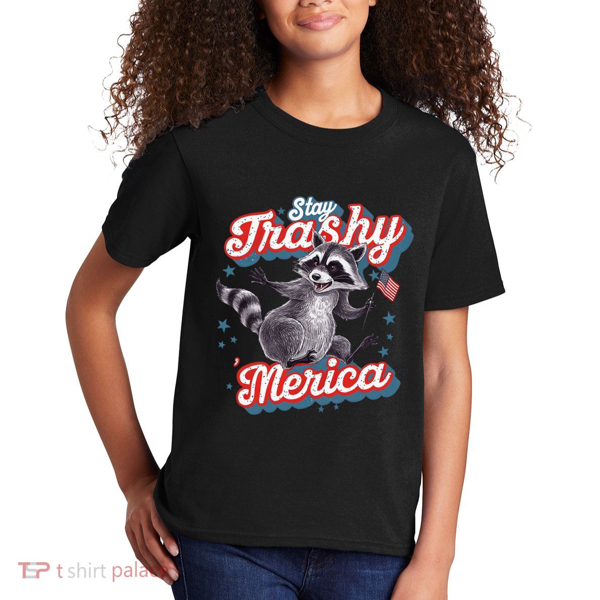 Stay Trashy ‘Merica Unhinged Funny Raccoon 4th Of July Kids T-Shirt