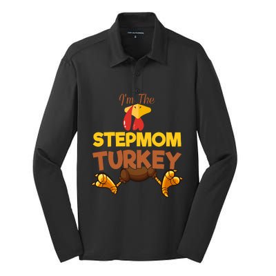 Stepmom Turkey Matching Family Group Thanksgiving Gifts  Silk Touch Performance Long Sleeve Polo