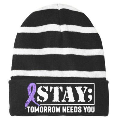 Stay Tomorrow Needs You Semicolon Suicide Prevention Striped Beanie with Solid Band