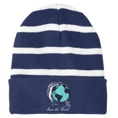 Save The Ocean Environmental Vintage Mermaid Striped Beanie with Solid Band