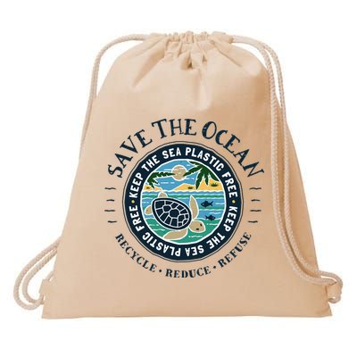Save The Ocean Keep The Sea Plastic Free Turtle Scene Drawstring Bag