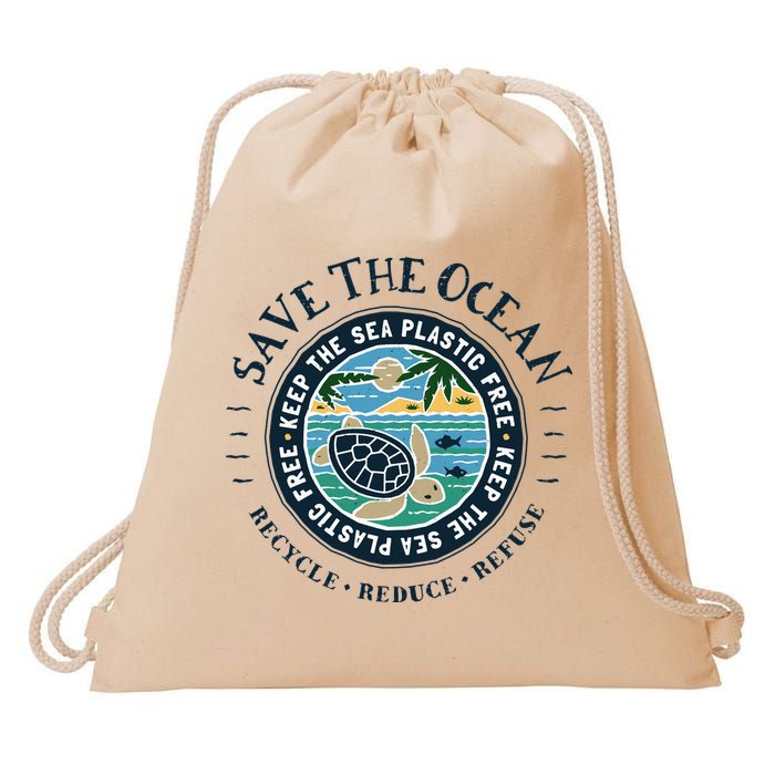 Save The Ocean Keep The Sea Plastic Free Turtle Scene Drawstring Bag