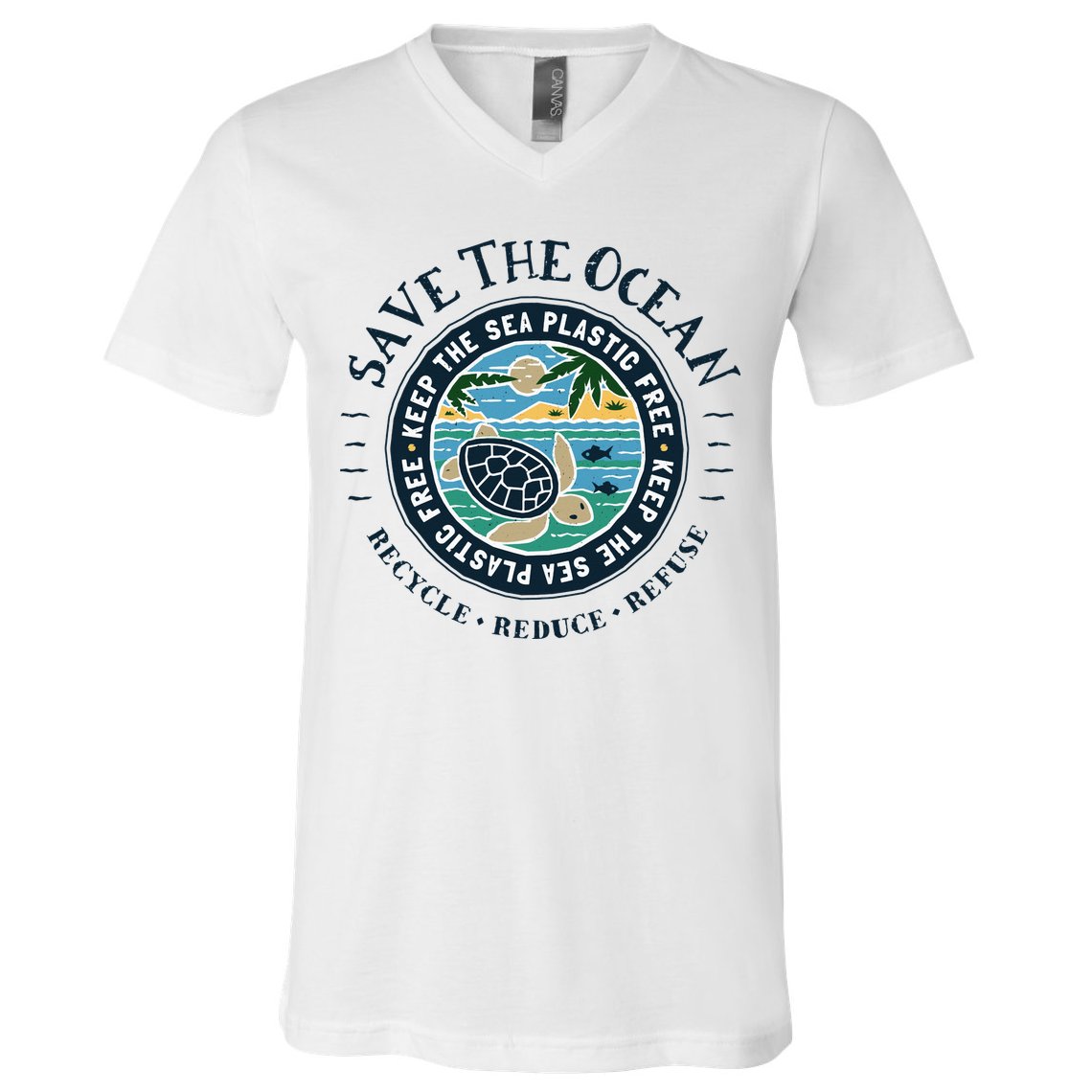 Save The Ocean Keep The Sea Plastic Free Turtle Scene V-Neck T-Shirt