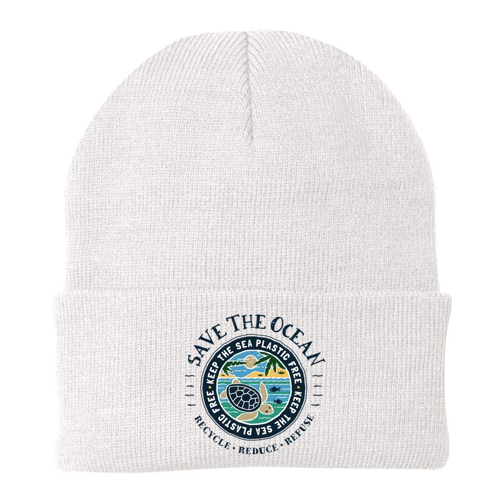 Save The Ocean Keep The Sea Plastic Free Turtle Scene Beanie