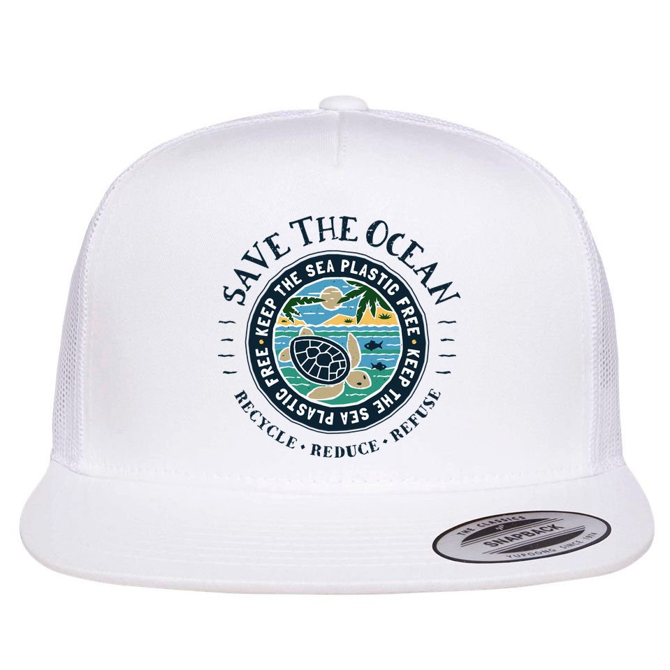 Save The Ocean Keep The Sea Plastic Free Turtle Scene Flat Bill Trucker Hat