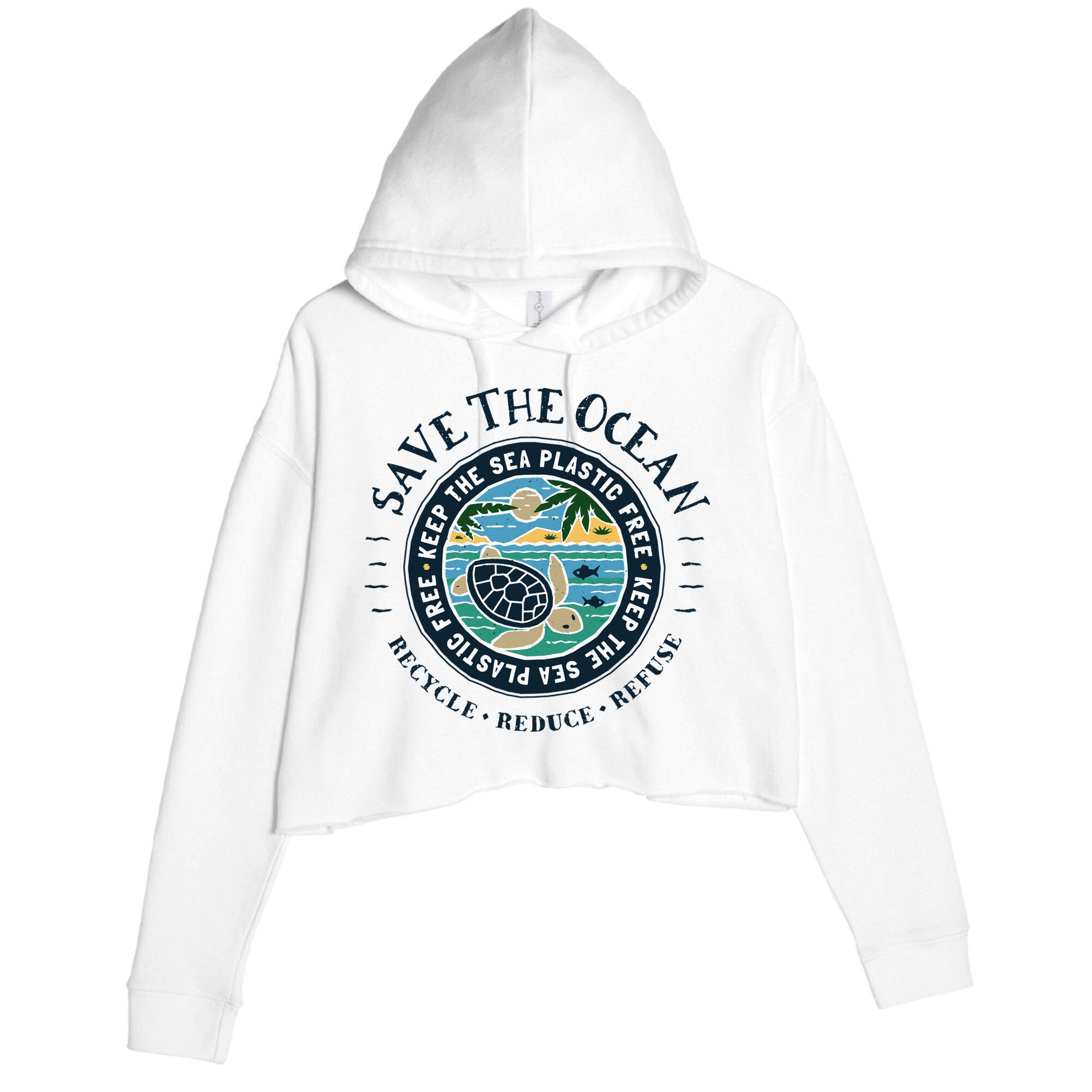 Save The Ocean Keep The Sea Plastic Free Turtle Scene Crop Fleece Hoodie