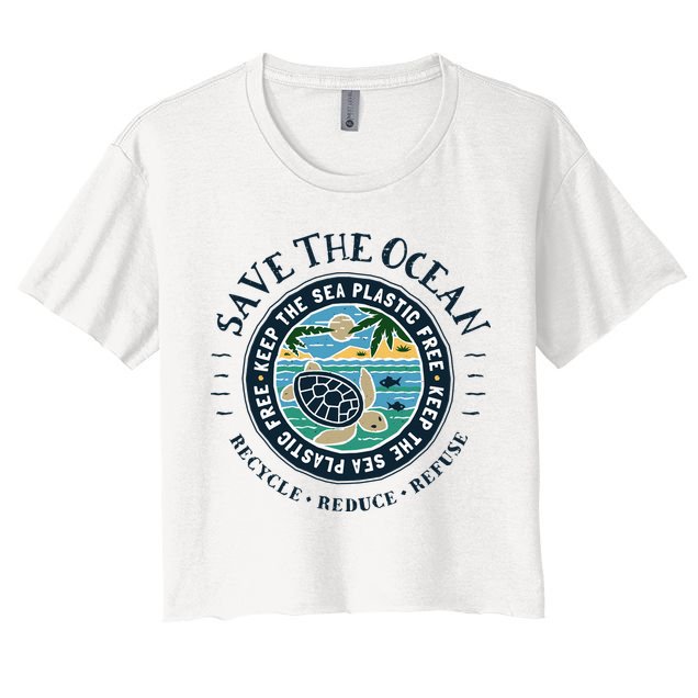 Save The Ocean Keep The Sea Plastic Free Turtle Scene Women's Crop Top Tee
