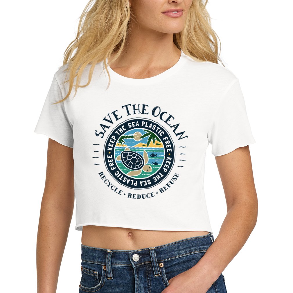 Save The Ocean Keep The Sea Plastic Free Turtle Scene Women's Crop Top Tee