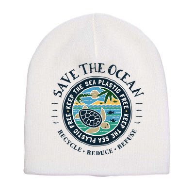 Save The Ocean Keep The Sea Plastic Free Turtle Scene Short Acrylic Beanie