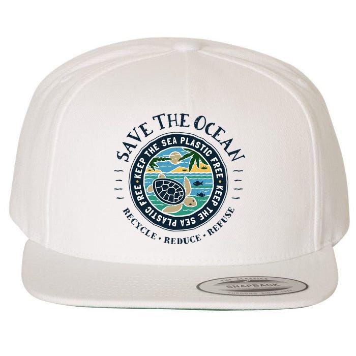 Save The Ocean Keep The Sea Plastic Free Turtle Scene Wool Snapback Cap