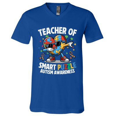 Sped Teacher Of Smart Puzzle Heart Dabbing Autism Awareness Gift V-Neck T-Shirt