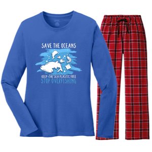 Save The Oceans Keep Sea Plastic Free Earth Recycle Great Gift Women's Long Sleeve Flannel Pajama Set 