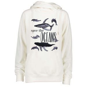 Save The Oceans Whale Dolphin Print Marine Ocean Gift Womens Funnel Neck Pullover Hood