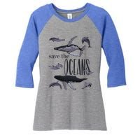 Save The Oceans Whale Dolphin Print Marine Ocean Gift Women's Tri-Blend 3/4-Sleeve Raglan Shirt