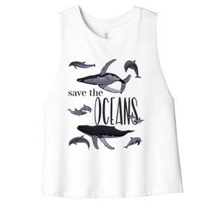 Save The Oceans Whale Dolphin Print Marine Ocean Gift Women's Racerback Cropped Tank