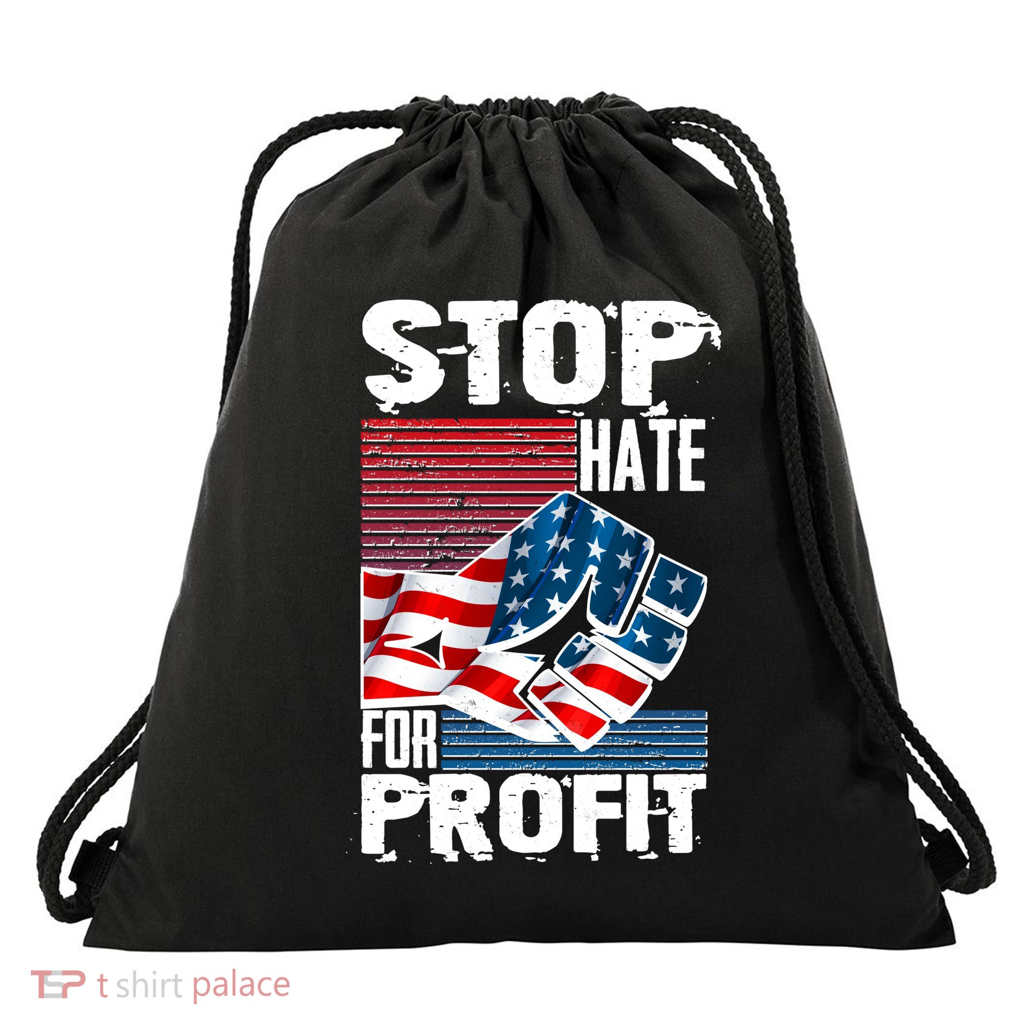Stop Hate for Profit USA Flag Fist Drawstring Bag