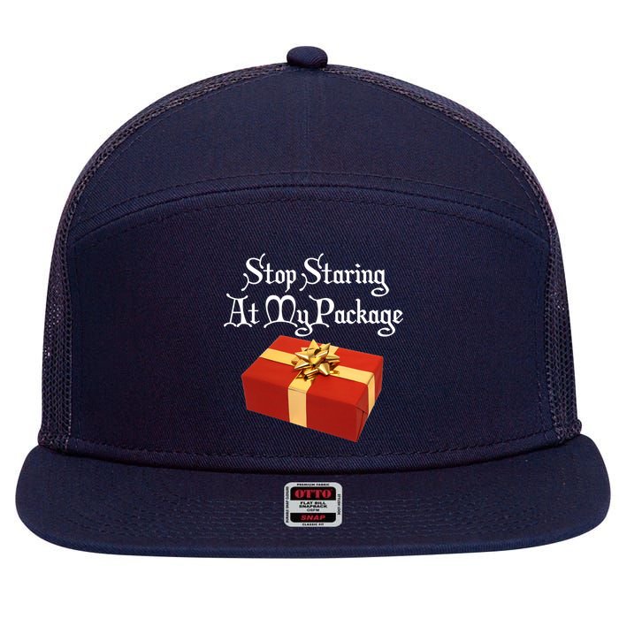 Stop Staring At My Package Christmas Present X-Mas 7 Panel Mesh Trucker Snapback Hat