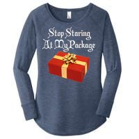 Stop Staring At My Package Christmas Present X-Mas Women's Perfect Tri Tunic Long Sleeve Shirt