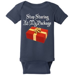 Stop Staring At My Package Christmas Present X-Mas Baby Bodysuit